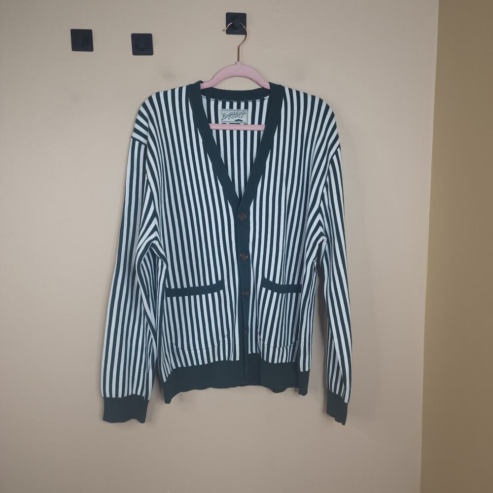 Bogey Boys Long Sleeve Button Cardigan with Pockets in Green/White Stripe Size L
